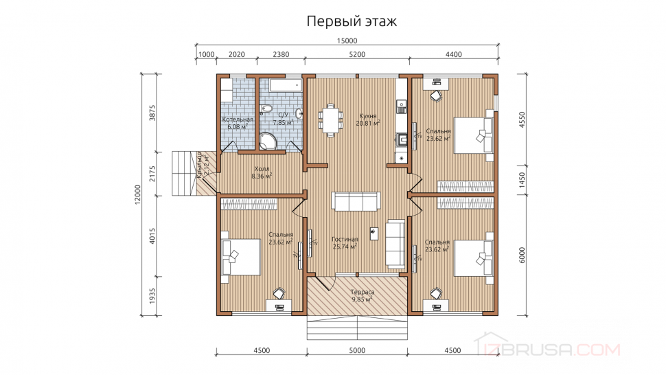 ᐈ Дом из бруса «ДБ-67» 15х12м проект под ключ, цена от 6 120 000 руб.